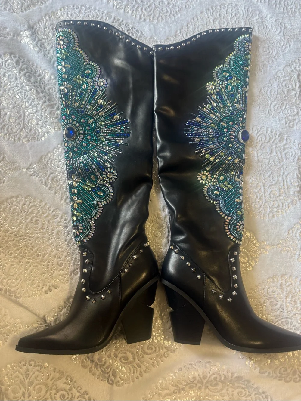 Azalea Wang Axelbeat Embellished Black Over-the-Knee Boot with Blue Accents 8.5